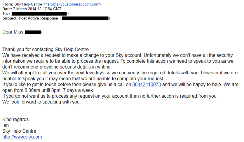 Sky cancellation email response