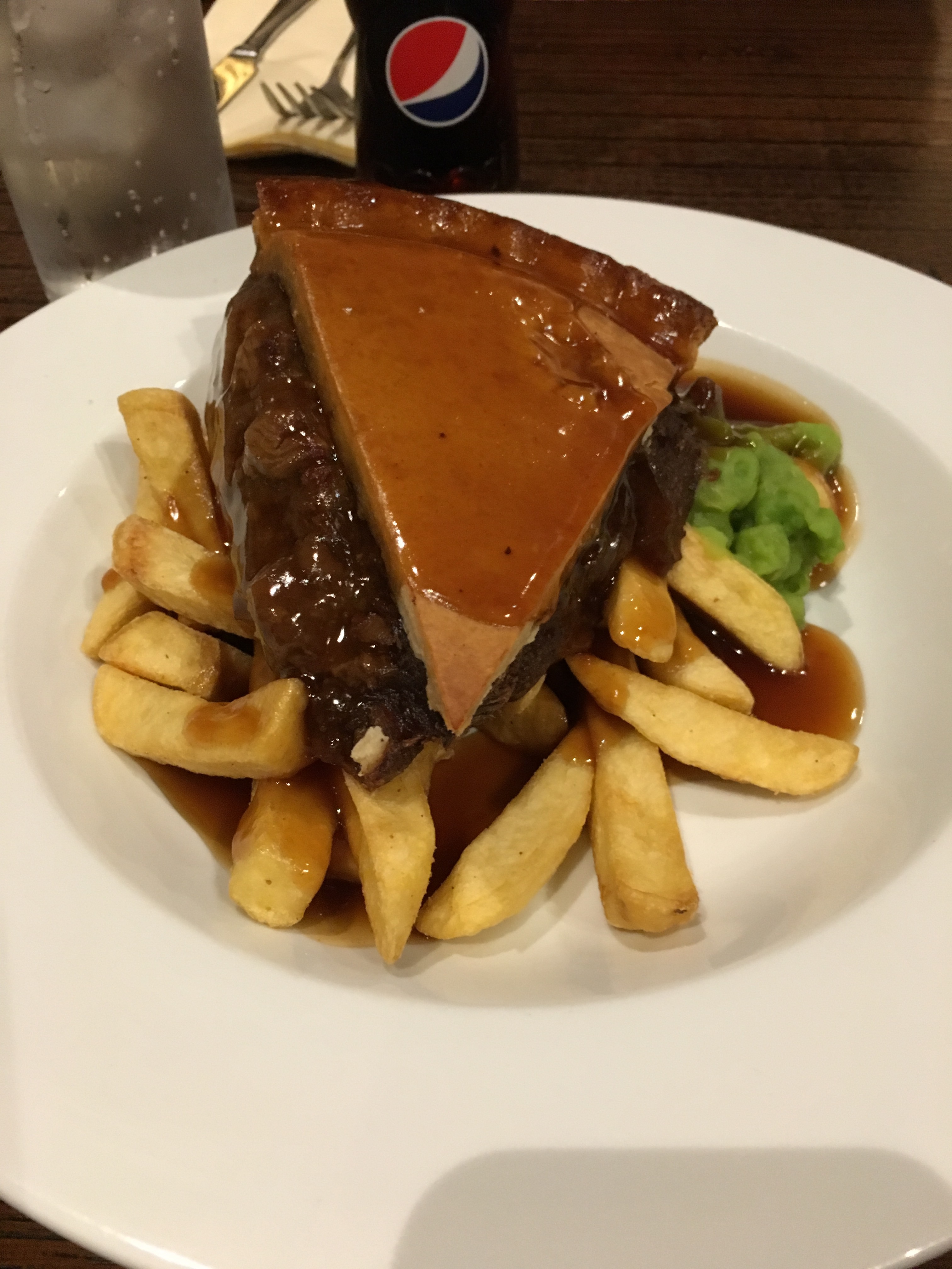 Beef & McMullen's Ale Plate Pie served with mash, minted mushy peas and gravy