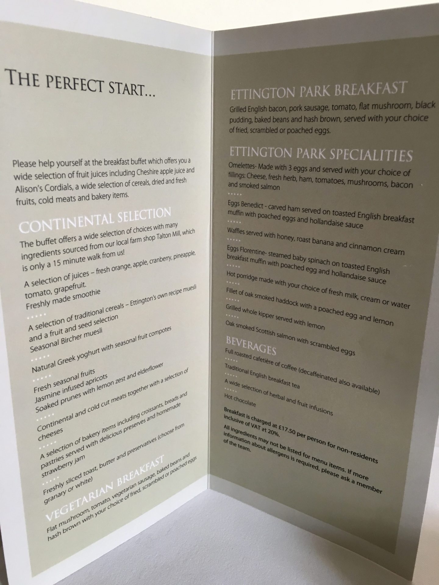Ettington Park hotel breakfast menu